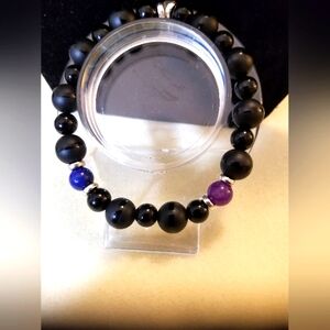 NWT Handcrafted Men's Black Agate Beaded Bracelet w/Black Hematite Beads.